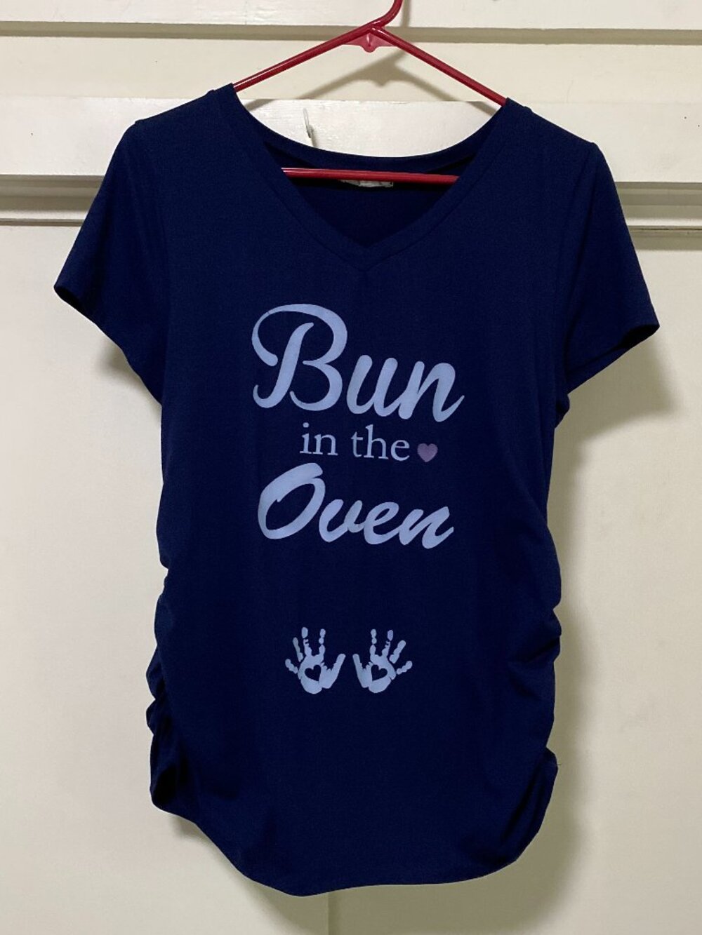 French Pastry, short sleeve, navy maternity top, size M